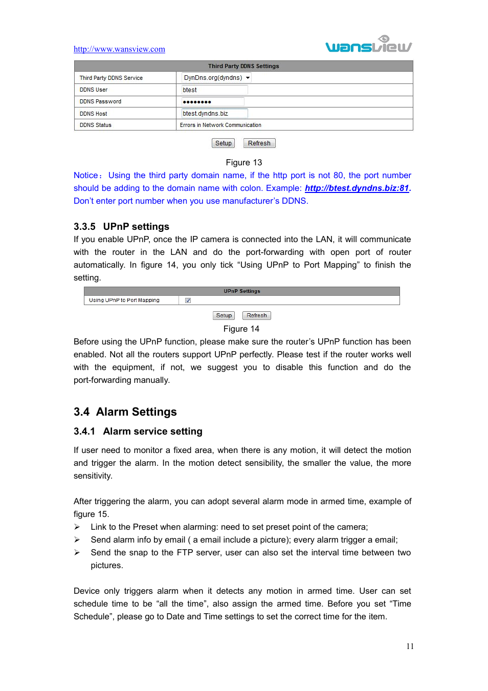 Upnpsettings, Alarmsettings, Alarmservicesetting | 5 upnp settings, Larm, Ettings, 1 alarm service setting, 4 alarm settings | WansView NCL615W User Manual | Page 12 / 18