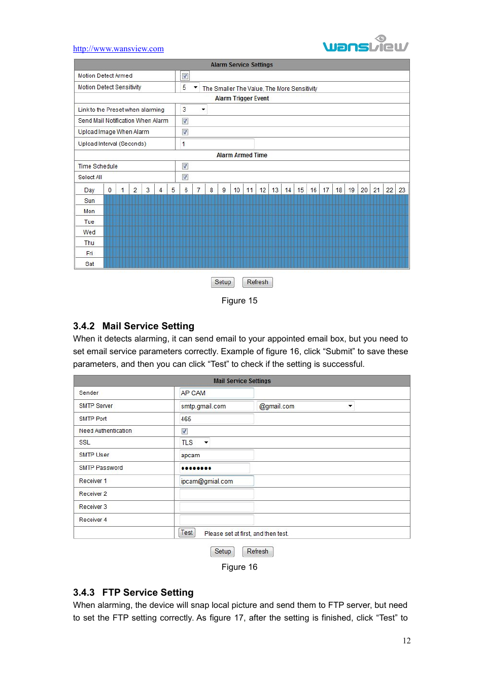 Mailservicesetting, Ftpservicesetting, 2 mail service setting 3.4.3 ftp service setting | WansView NCL615W User Manual | Page 13 / 18