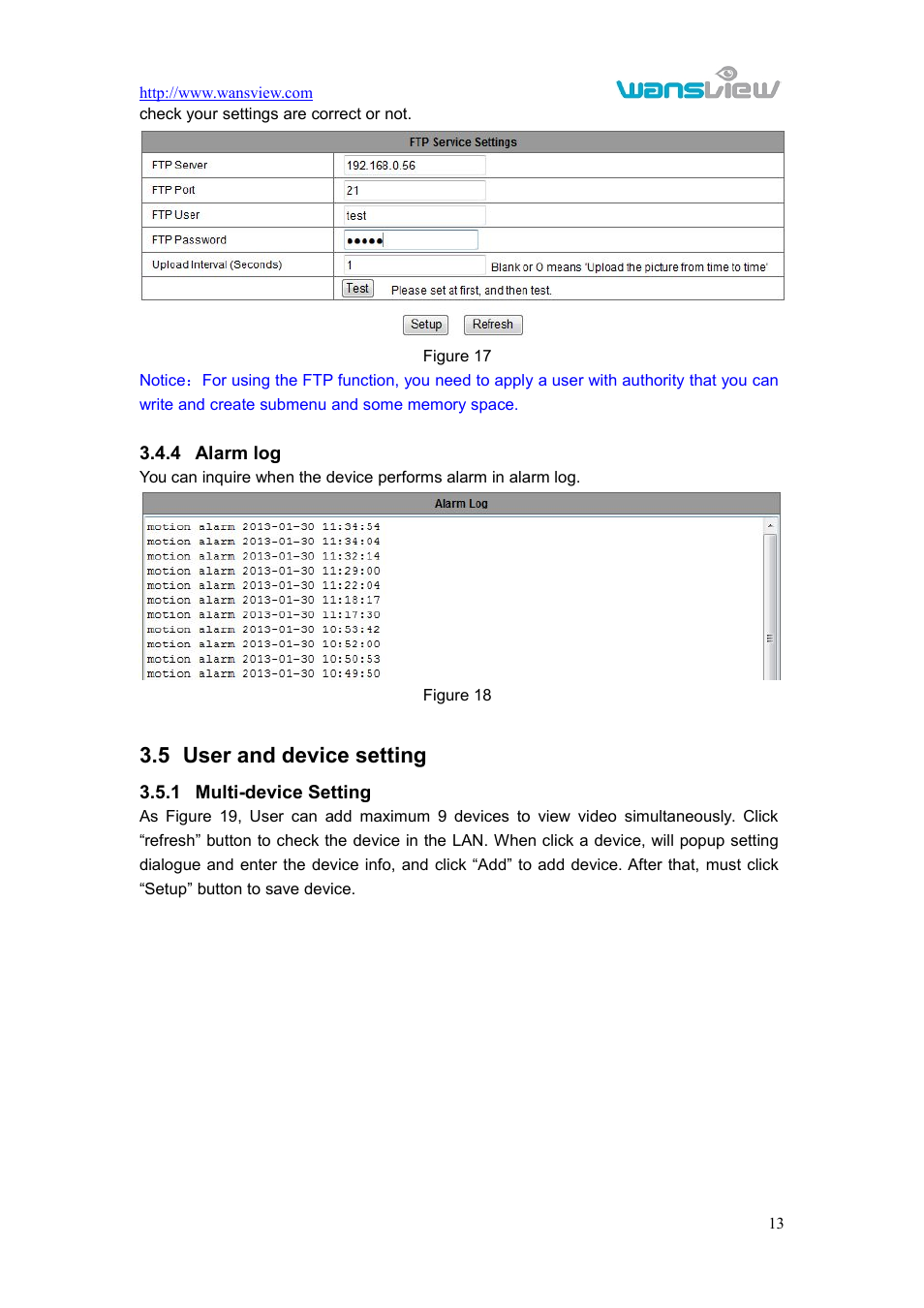 Alarmlog, Useranddevicesetting, Multi-devicesetting | 4 alarm log, Ser and device setting, 1 multi-device setting, 5 user and device setting | WansView NCL615W User Manual | Page 14 / 18