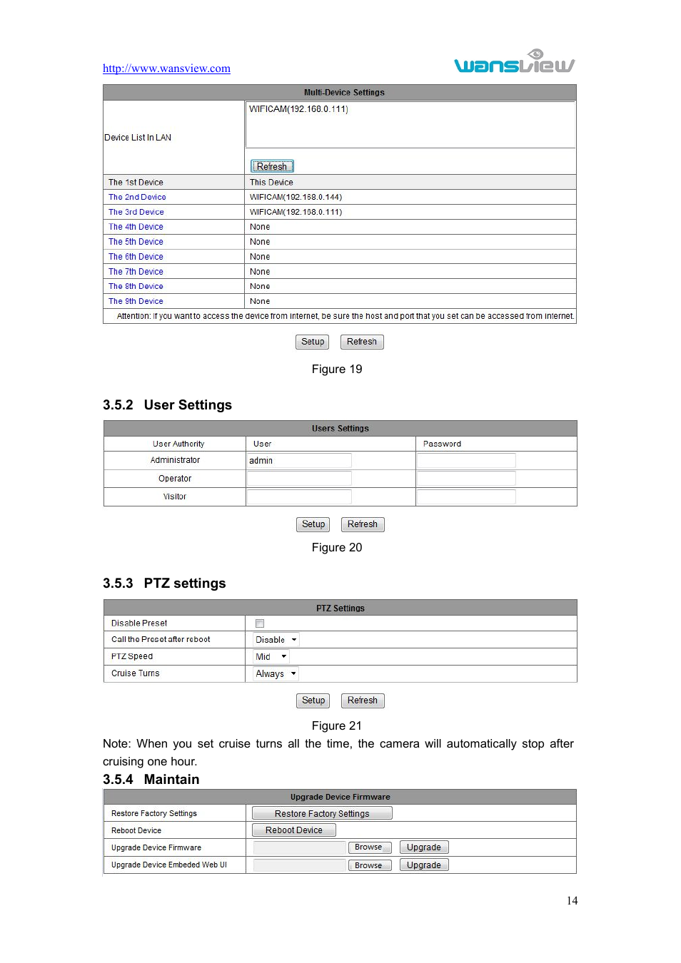 Usersettings, Ptzsettings, Maintain | 2 user settings 3.5.3 ptz settings 3.5.4 maintain | WansView NCL615W User Manual | Page 15 / 18