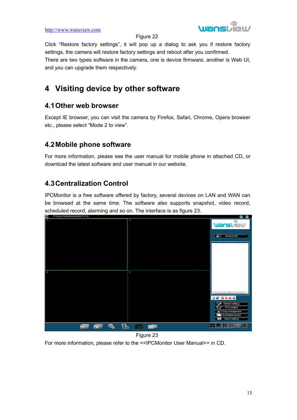 Visitingdevicebyothersoftware, Otherwebbrowser, Mobilephonesoftware | Centralizationcontrol, 4 visiting device by other software, Ther web browser, Obile phone software, Entralization, Ontrol, 1other web browser | WansView NCL615W User Manual | Page 16 / 18