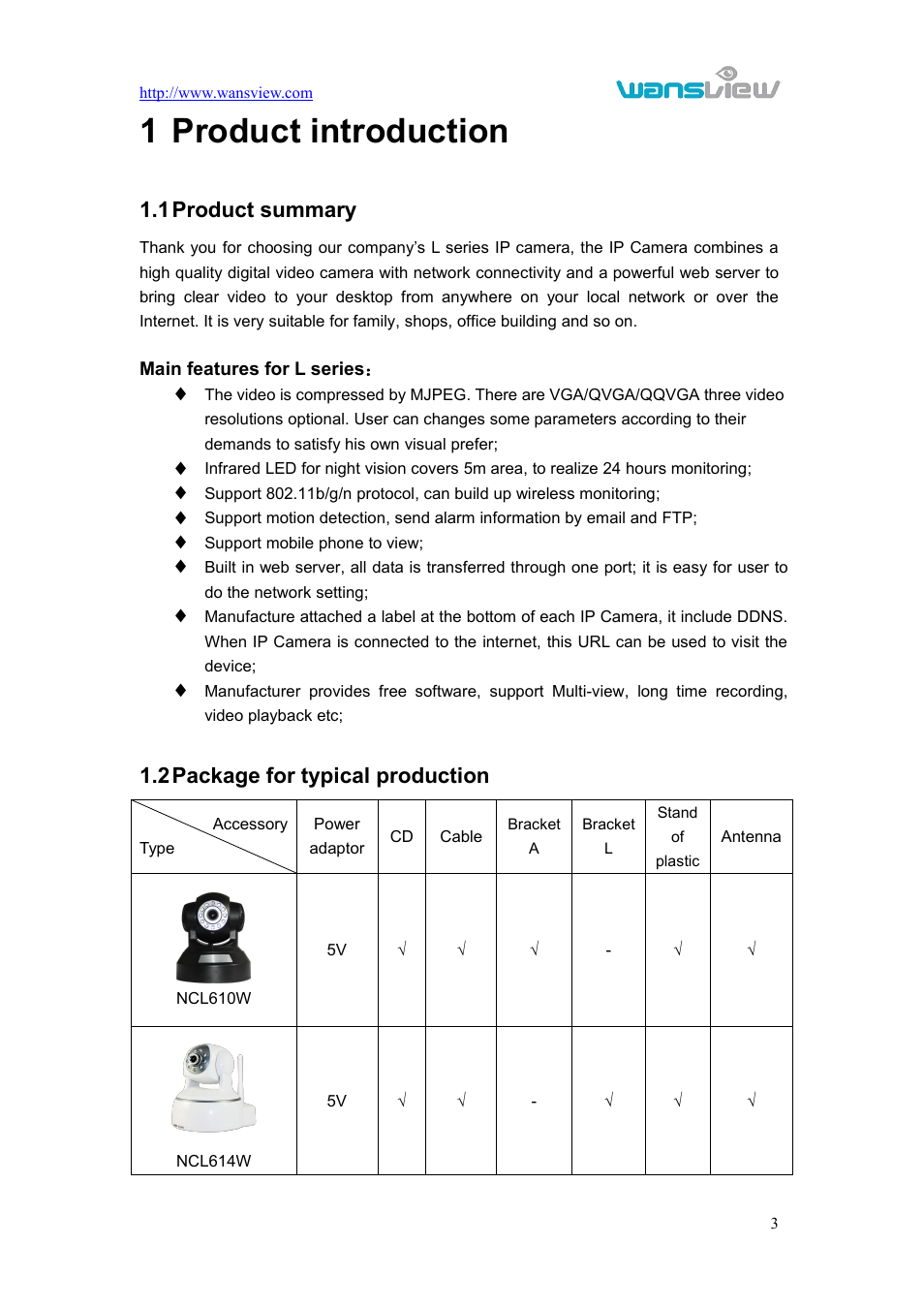 Productintroduction, Productsummary, Packagefortypicalproduction | 1 product introduction, Roduct summary, Ackage for typical production, 1product summary, 2package for typical production | WansView NCL615W User Manual | Page 4 / 18
