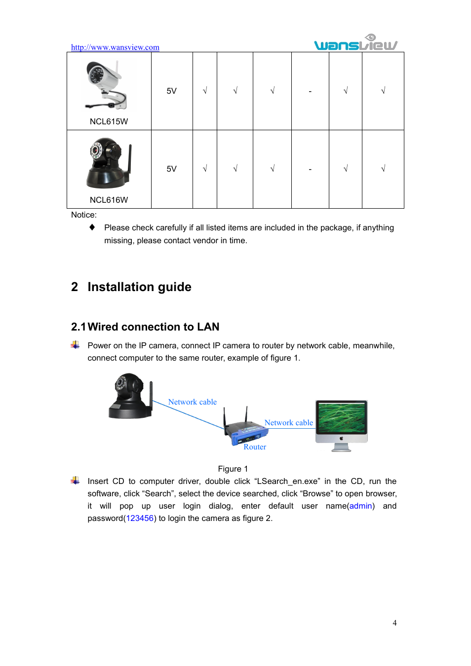 Installationguide, Wiredconnectiontolan, 2 installation guide | Ired connection to, 1wired connection to lan | WansView NCL615W User Manual | Page 5 / 18