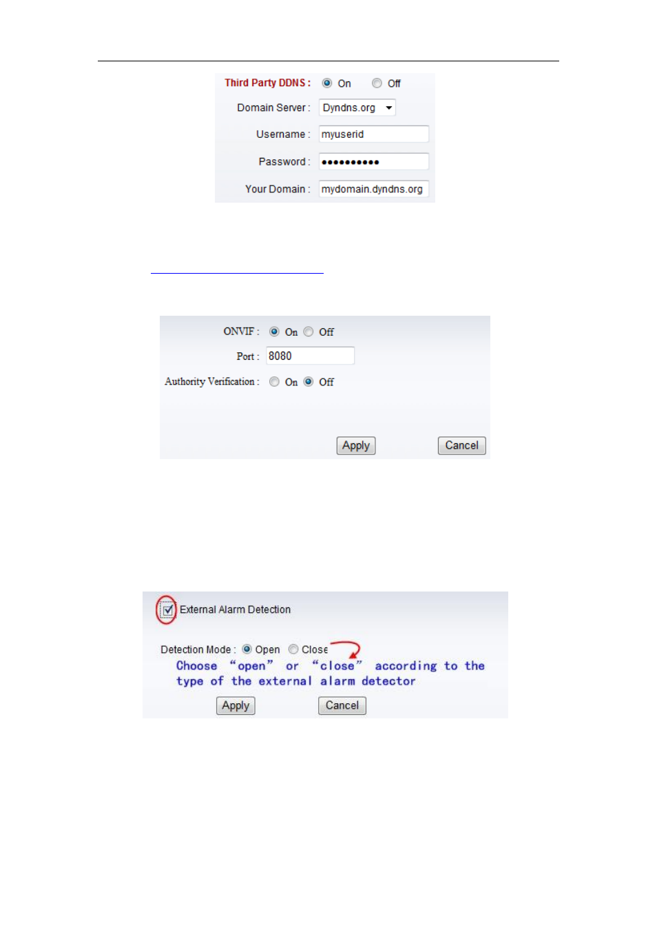 Onvif setting, Larm setting, External alarm input | Alarm setting | WansView NCM628W User Manual | Page 16 / 31