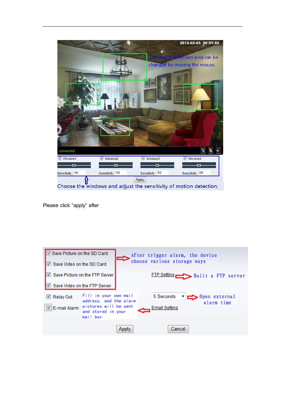Motion detection setting, Alarm mode setting | WansView NCM628W User Manual | Page 17 / 31