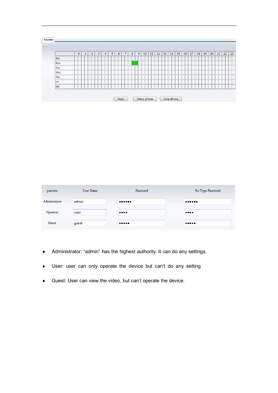 Alarm time setting, Dvance setting, User management | Advance setting | WansView NCM628W User Manual | Page 18 / 31
