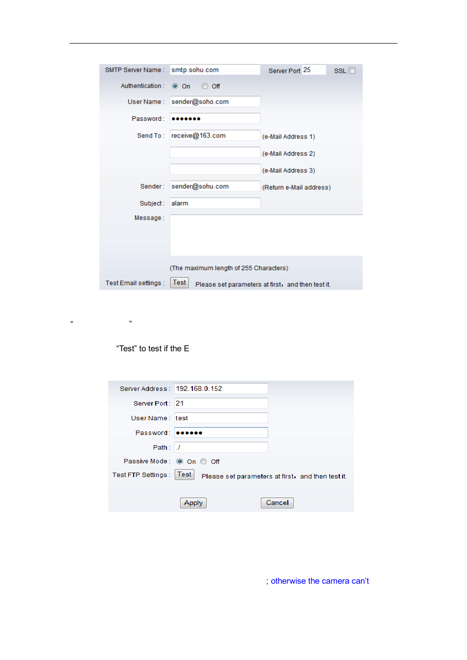 E-mail setting, Ftp setting | WansView NCM628W User Manual | Page 20 / 31