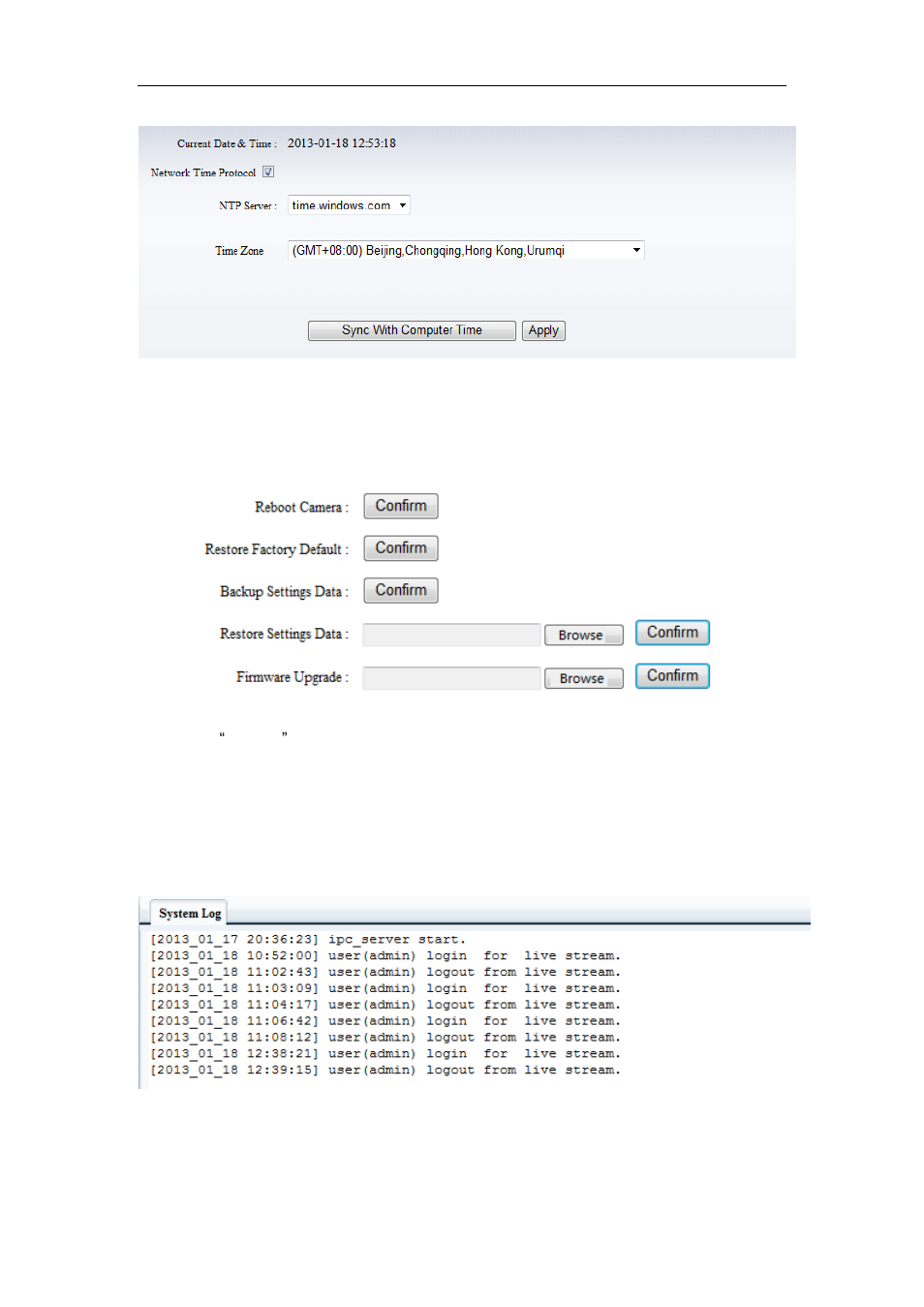Date and time setting, Initialize setting, System log | WansView NCM628W User Manual | Page 22 / 31