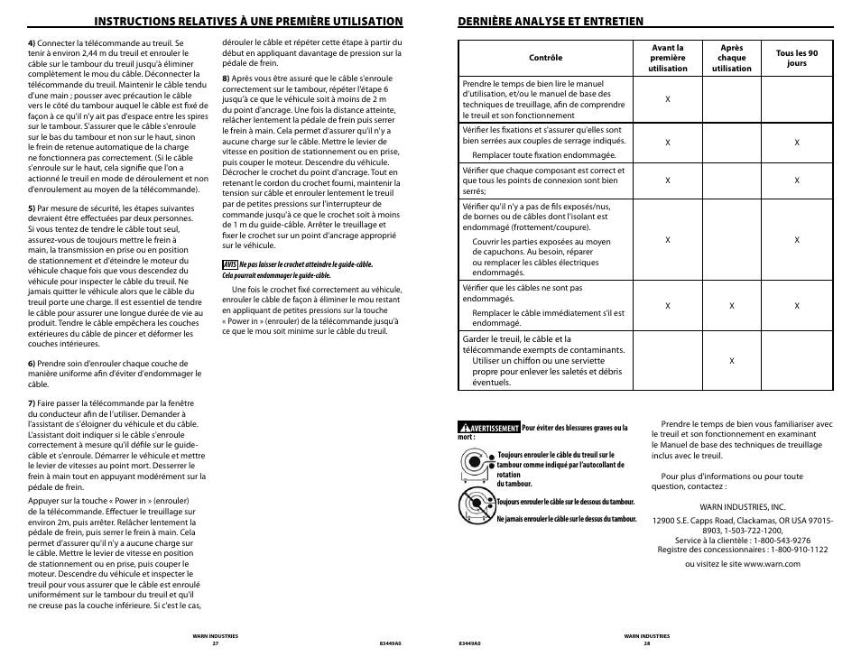 Instructions relatives à une première utilisation, Dernière analyse et entretien | WARN ZEON 12 User Manual | Page 14 / 36