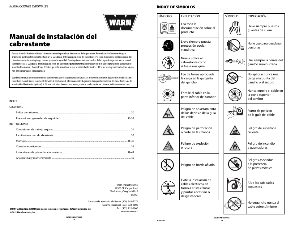 Manual de instalación del cabrestante, Índice de símbolos | WARN ZEON 12 User Manual | Page 15 / 36