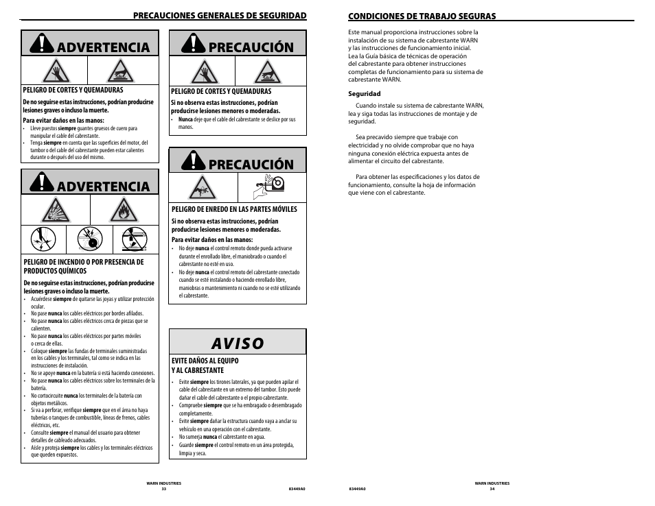 Av i s o, Precaución advertencia precaución, Advertencia | WARN ZEON 12 User Manual | Page 17 / 36
