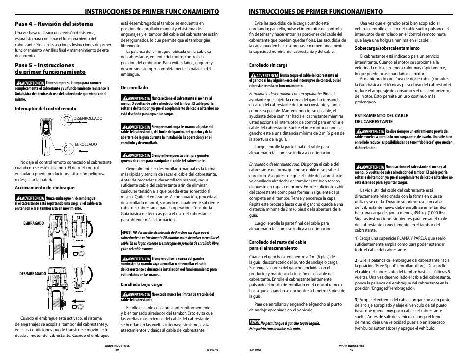 Instrucciones de primer funcionamiento | WARN ZEON 12 User Manual | Page 20 / 36