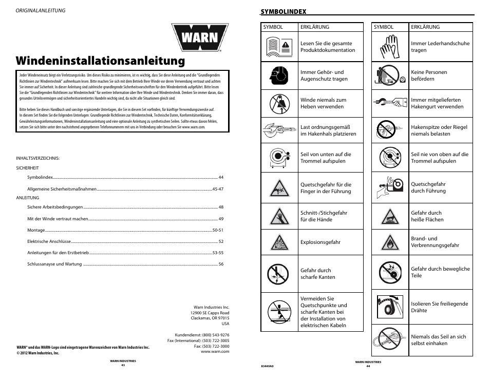 Windeninstallationsanleitung, Symbolindex | WARN ZEON 12 User Manual | Page 22 / 36