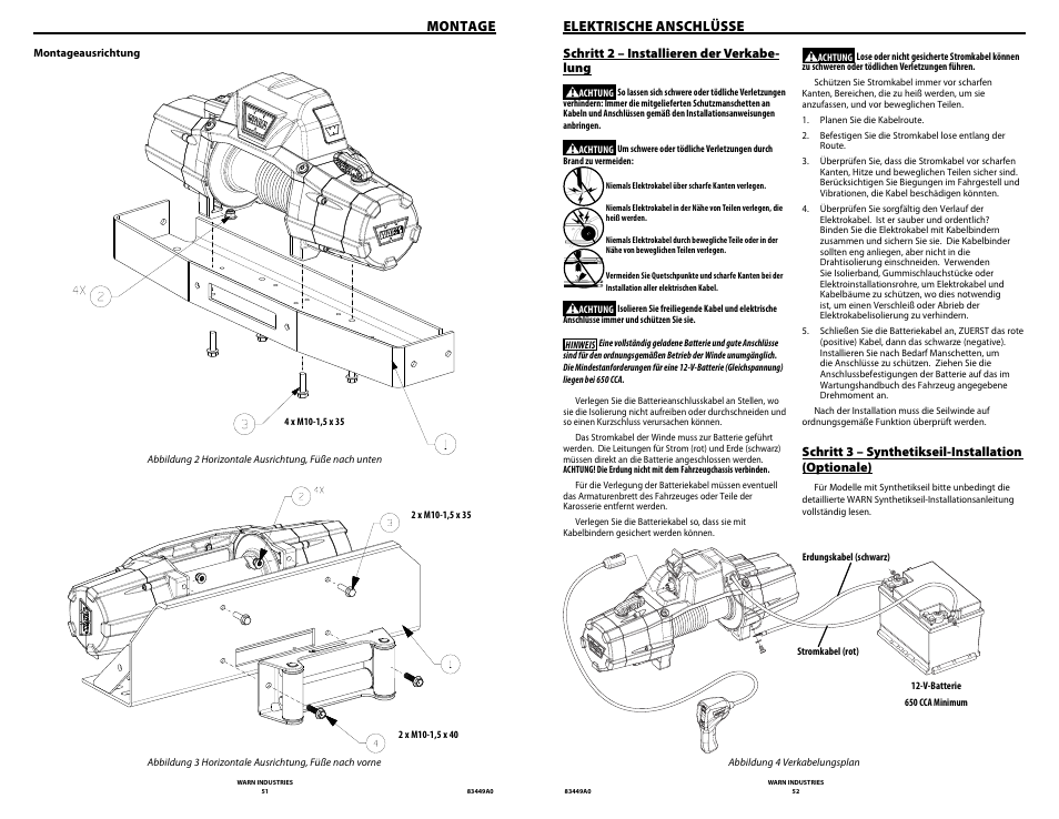 Montage, Elektrische anschlüsse | WARN ZEON 12 User Manual | Page 26 / 36