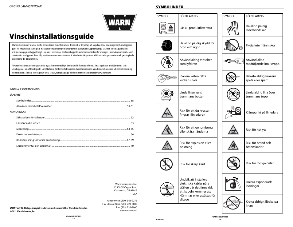 Vinschinstallationsguide, Symbolindex | WARN ZEON 12 User Manual | Page 29 / 36