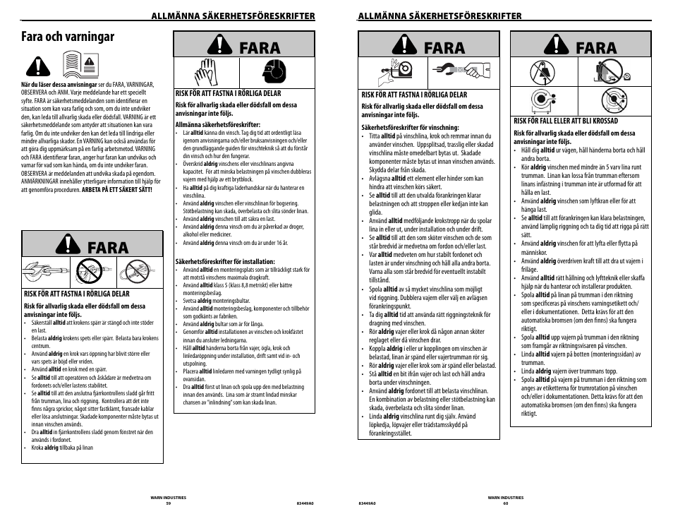 Fara, Fara och varningar | WARN ZEON 12 User Manual | Page 30 / 36