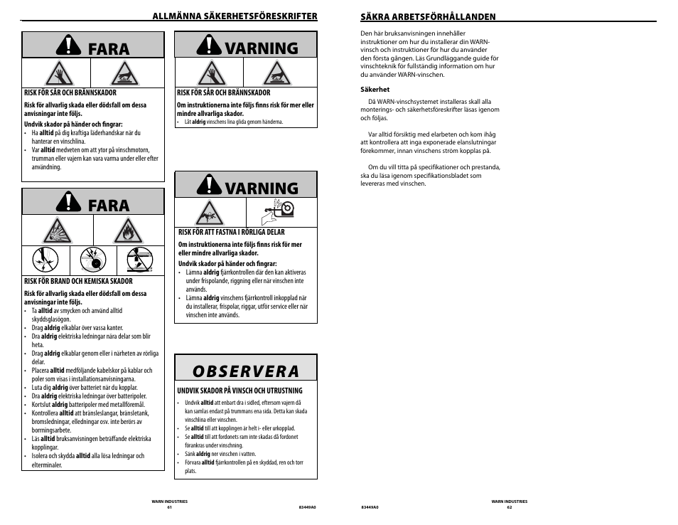 Varning fara varning, Fara | WARN ZEON 12 User Manual | Page 31 / 36