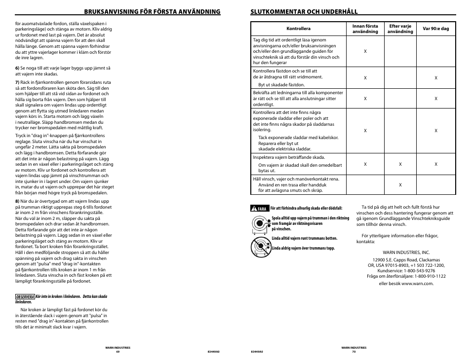 Bruksanvisning för första användning, Slutkommentar och underhåll | WARN ZEON 12 User Manual | Page 35 / 36