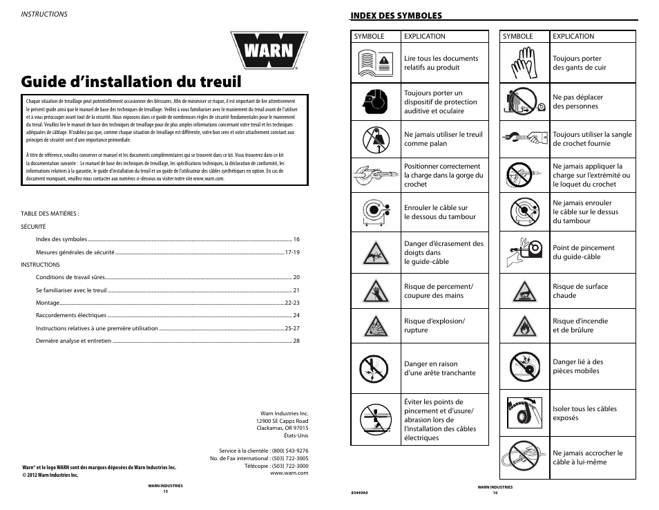 Guide d’installation du treuil, Index des symboles | WARN ZEON 12 User Manual | Page 8 / 36