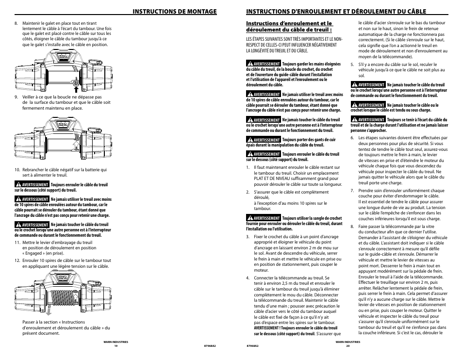 Instructions de montage, Instructions d'enroulement et déroulement du câble | WARN ZEON 8-S Synthetic Rope User Manual | Page 10 / 50