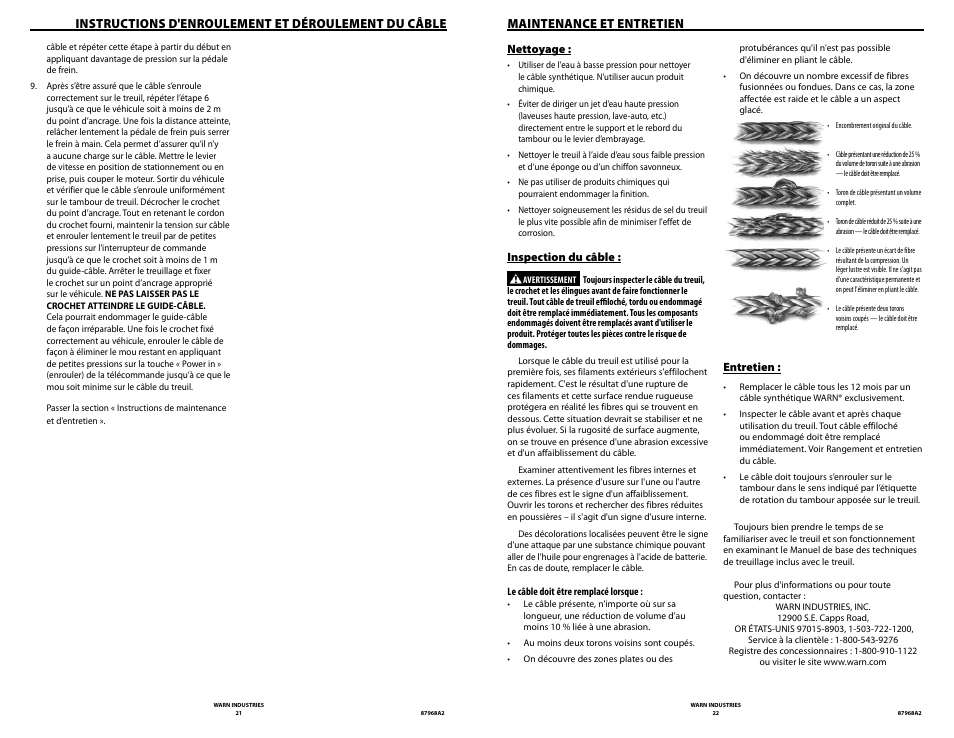 Instructions d'enroulement et déroulement du câble, Maintenance et entretien | WARN ZEON 8-S Synthetic Rope User Manual | Page 11 / 50