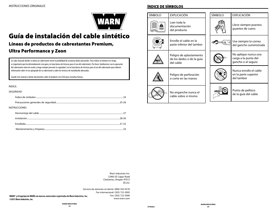 Guía de instalación del cable sintético, Índice de símbolos | WARN ZEON 8-S Synthetic Rope User Manual | Page 12 / 50