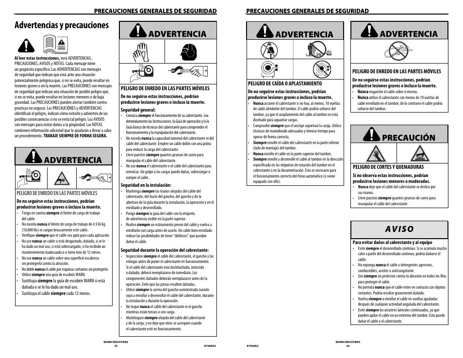 Advertencias y precauciones, Advertencia, Precaución | WARN ZEON 8-S Synthetic Rope User Manual | Page 13 / 50