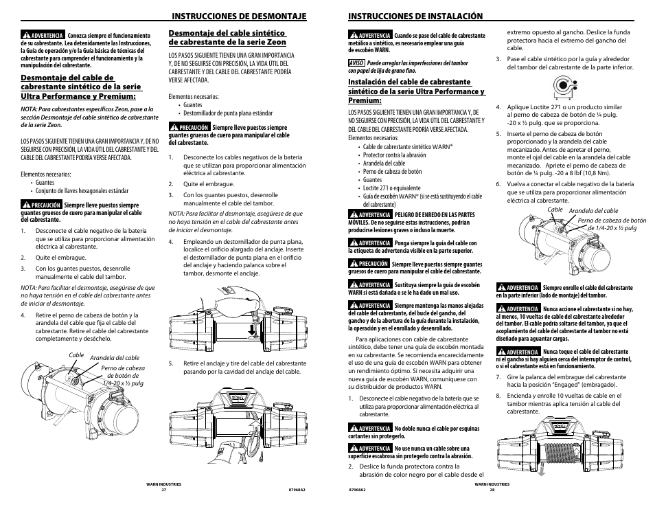 Instrucciones de desmontaje, Instrucciones de instalación | WARN ZEON 8-S Synthetic Rope User Manual | Page 14 / 50