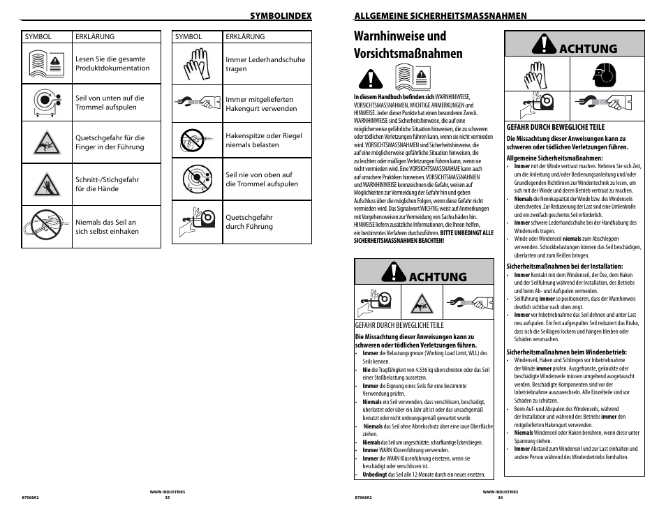 Warnhinweise und vorsichtsmaßnahmen, Achtung | WARN ZEON 8-S Synthetic Rope User Manual | Page 18 / 50