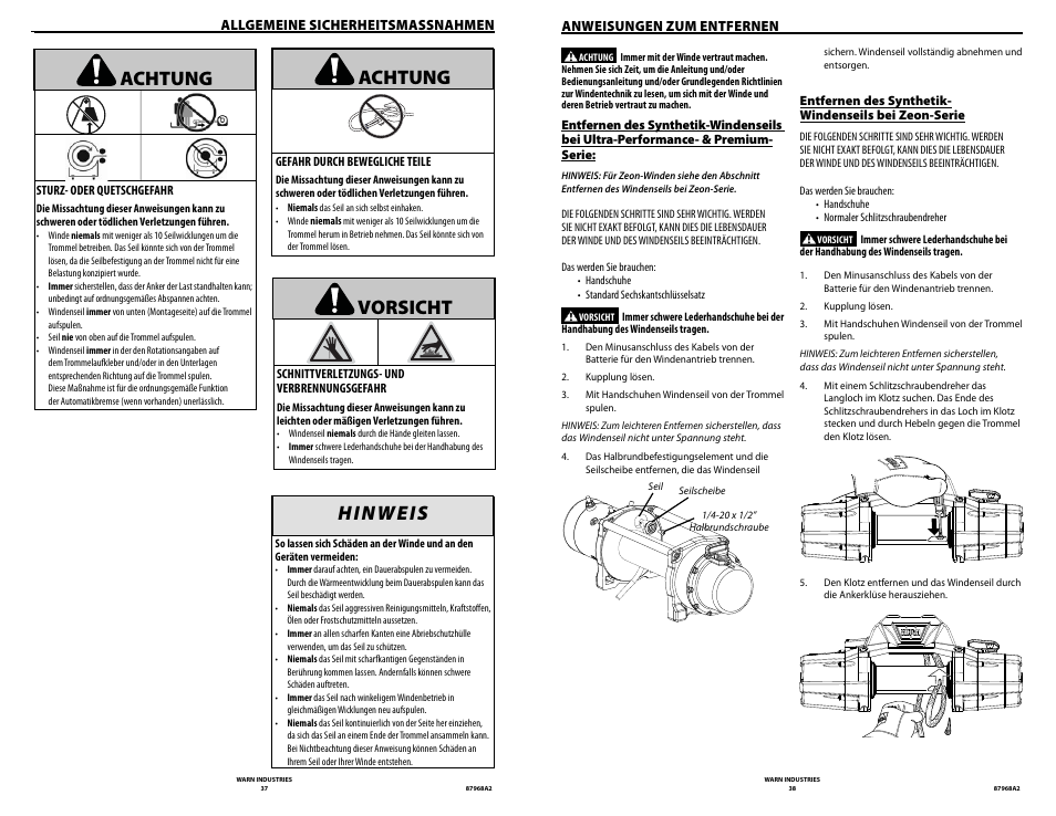 Achtung, Vorsicht | WARN ZEON 8-S Synthetic Rope User Manual | Page 19 / 50