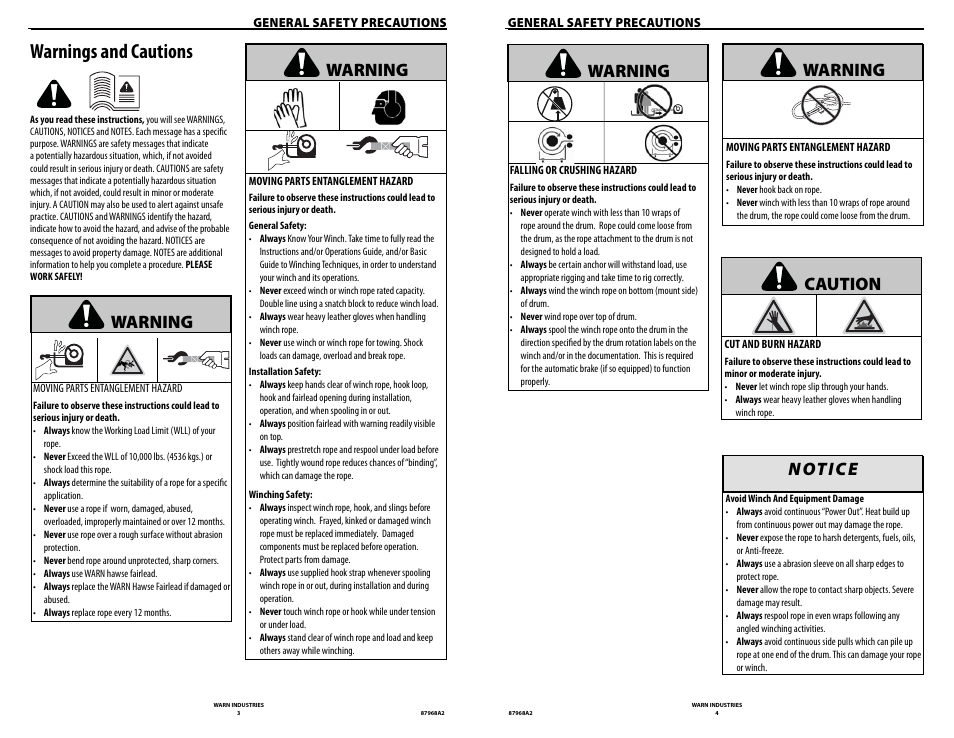 Warnings and cautions, Warning, N ot i c e | Caution | WARN ZEON 8-S Synthetic Rope User Manual | Page 2 / 50