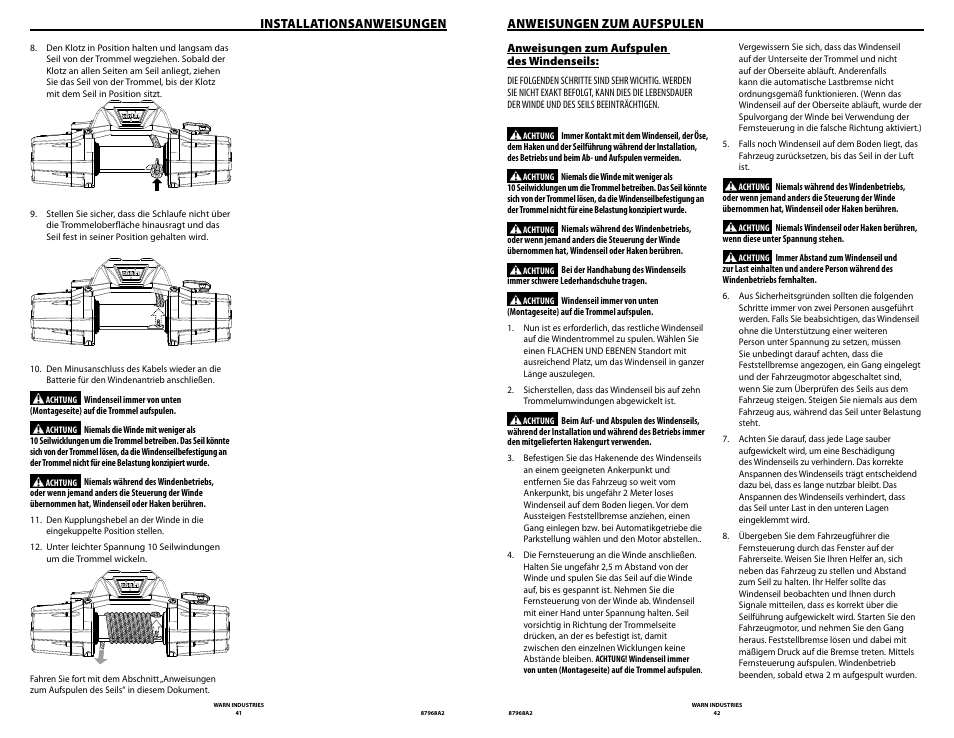 Installationsanweisungen, Anweisungen zum aufspulen | WARN ZEON 8-S Synthetic Rope User Manual | Page 21 / 50