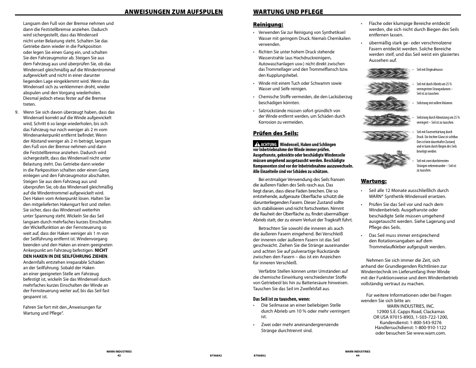 Anweisungen zum aufspulen, Wartung und pflege | WARN ZEON 8-S Synthetic Rope User Manual | Page 22 / 50