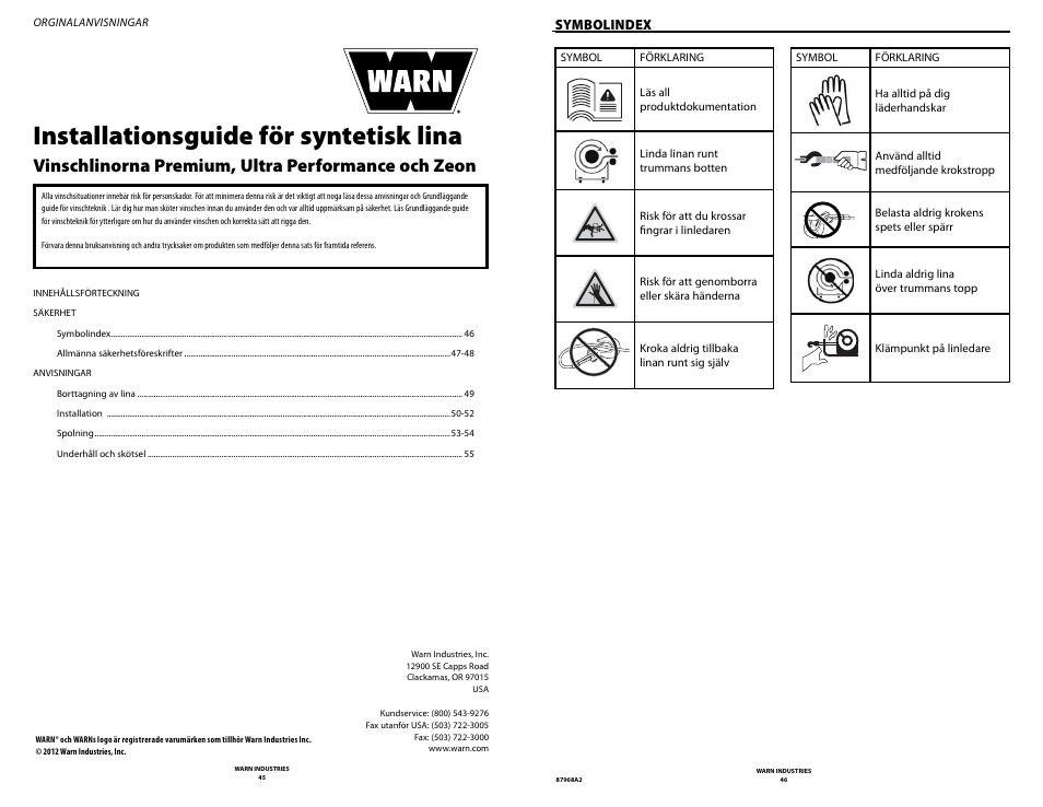 Installationsguide för syntetisk lina, Vinschlinorna premium, ultra performance och zeon, Symbolindex | WARN ZEON 8-S Synthetic Rope User Manual | Page 23 / 50