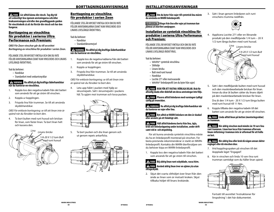 Borttagningsanvisningar, Installationsanvisningar | WARN ZEON 8-S Synthetic Rope User Manual | Page 25 / 50