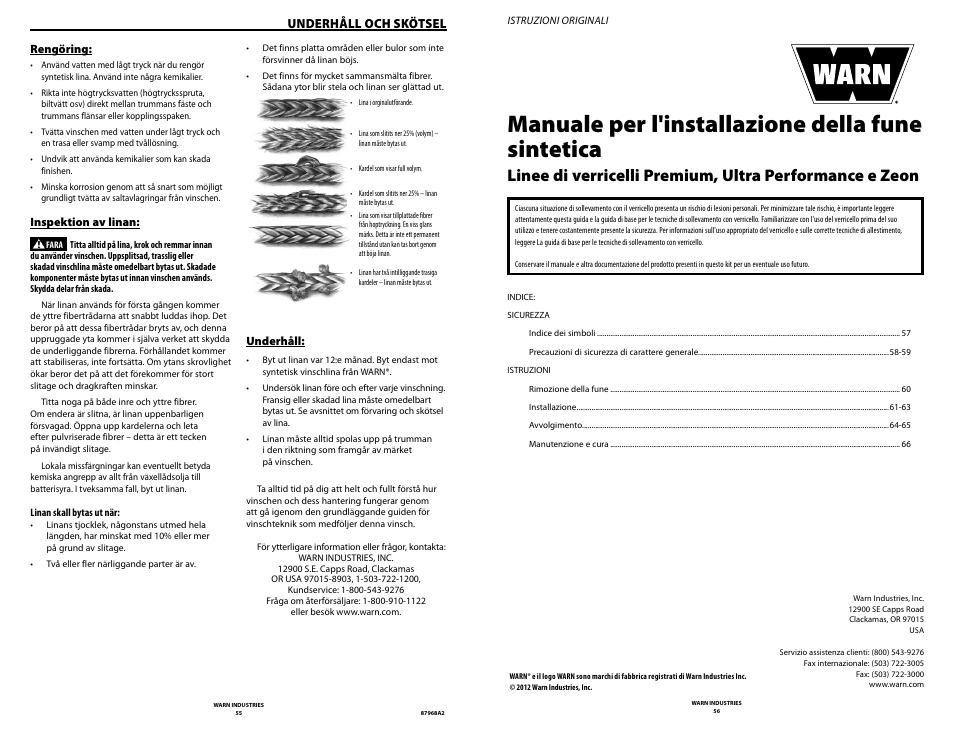 Manuale per l'installazione della fune sintetica, Underhåll och skötsel | WARN ZEON 8-S Synthetic Rope User Manual | Page 28 / 50