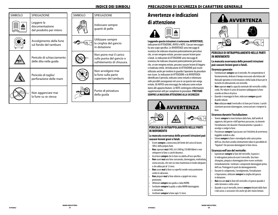 Avvertenze e indicazioni di attenzione, Avvertenza | WARN ZEON 8-S Synthetic Rope User Manual | Page 29 / 50