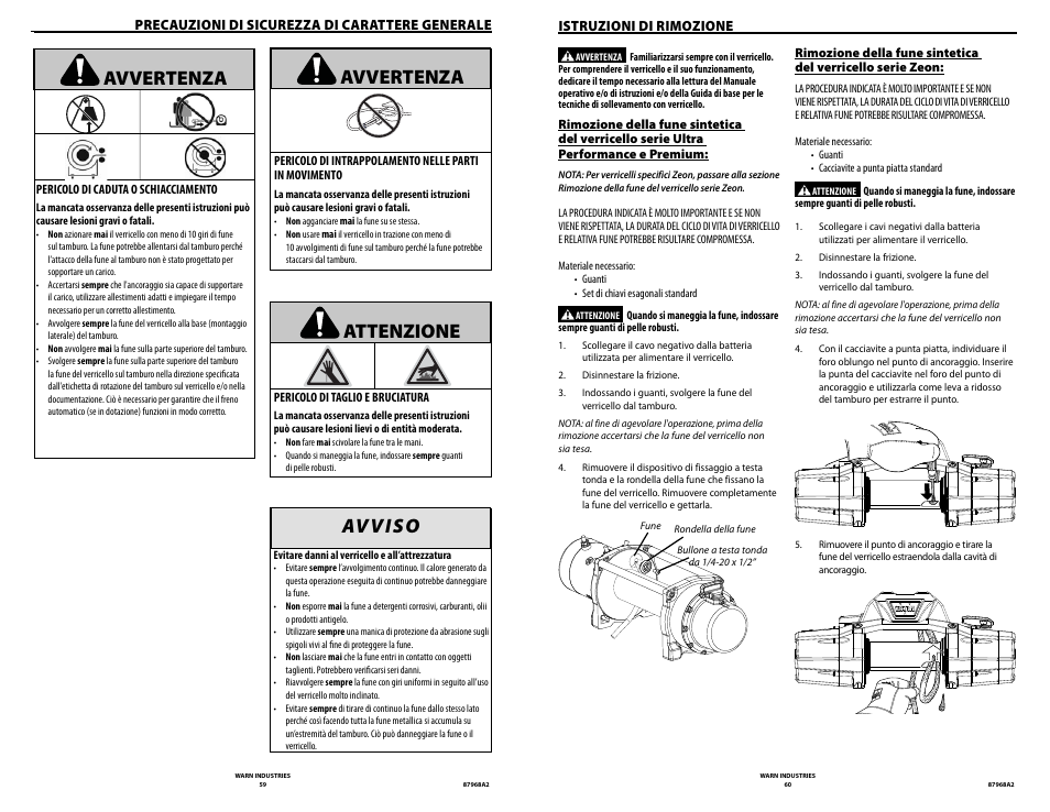 Avvertenza, Attenzione | WARN ZEON 8-S Synthetic Rope User Manual | Page 30 / 50