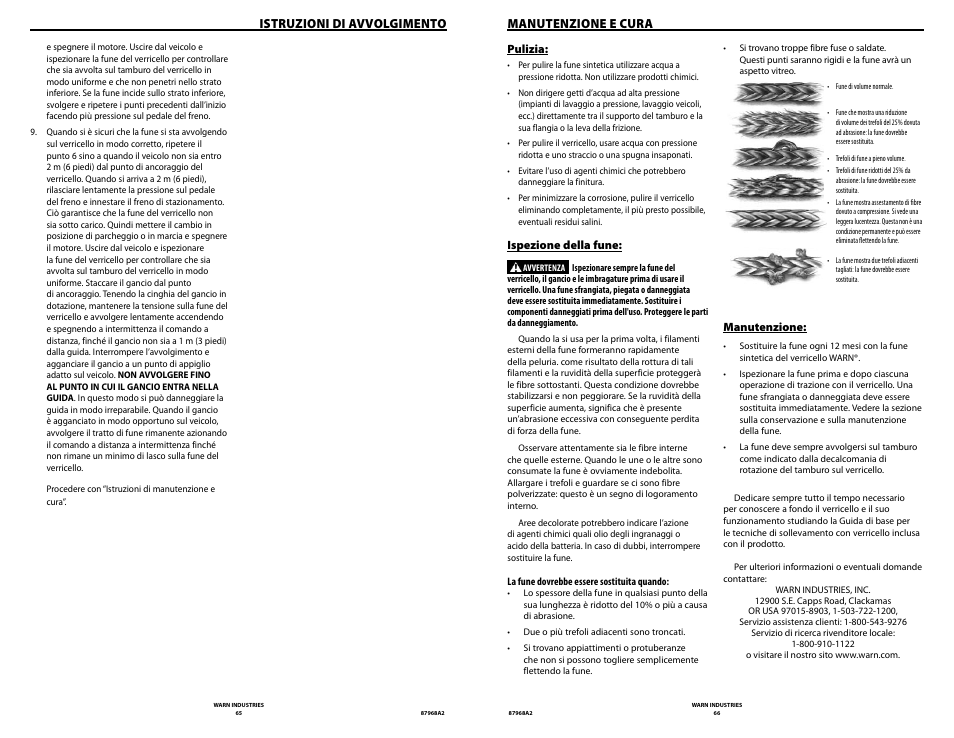 Istruzioni di avvolgimento, Manutenzione e cura | WARN ZEON 8-S Synthetic Rope User Manual | Page 33 / 50