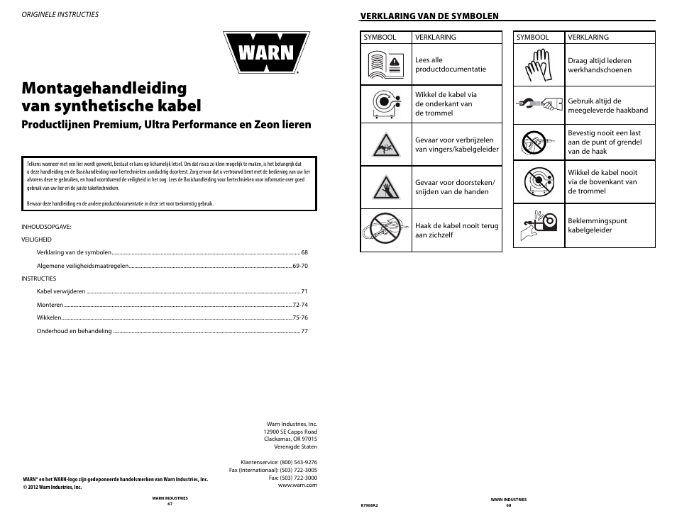 Montagehandleiding van synthetische kabel, Verklaring van de symbolen | WARN ZEON 8-S Synthetic Rope User Manual | Page 34 / 50