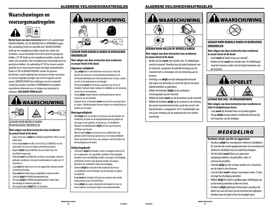 Waarschuwingen en voorzorgsmaatregelen, Waarschuwing, Opgelet | WARN ZEON 8-S Synthetic Rope User Manual | Page 35 / 50