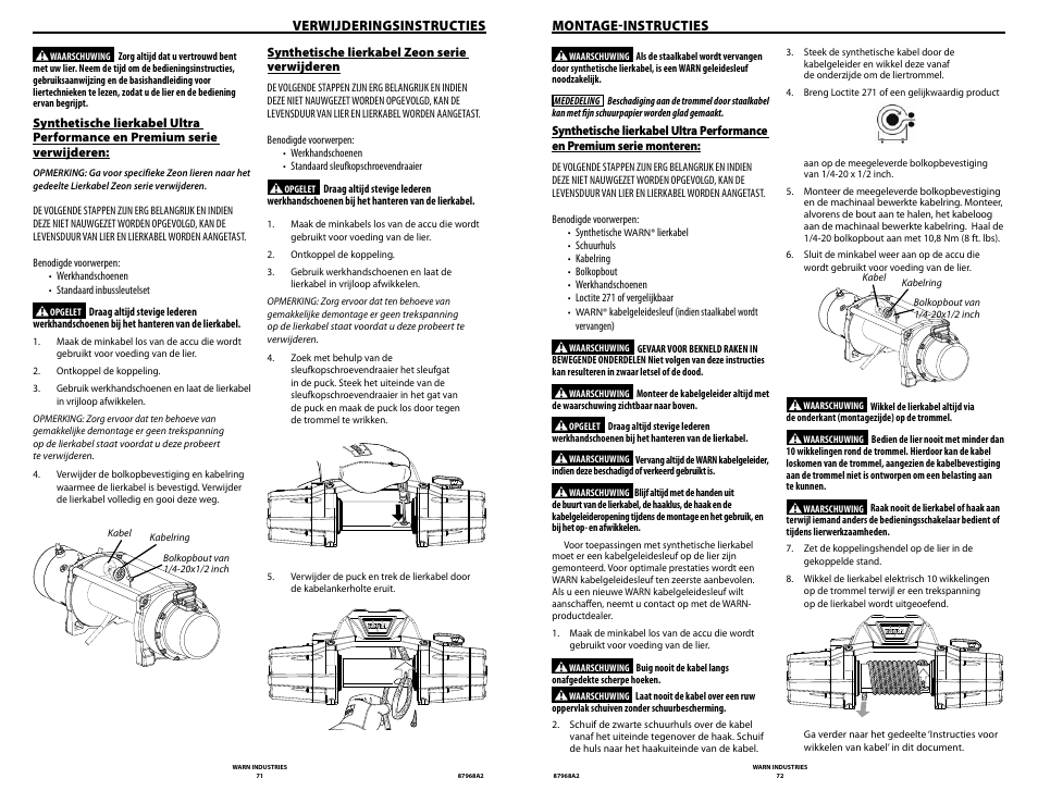 Verwijderingsinstructies, Montageinstructies | WARN ZEON 8-S Synthetic Rope User Manual | Page 36 / 50