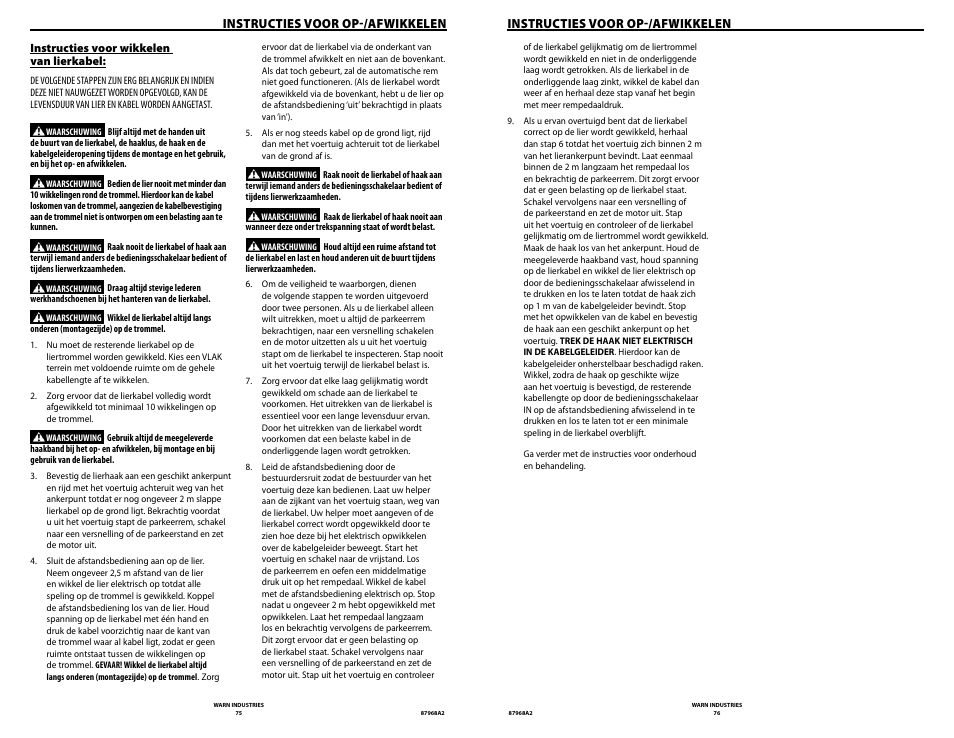 Instructies voor op/afwikkelen | WARN ZEON 8-S Synthetic Rope User Manual | Page 38 / 50