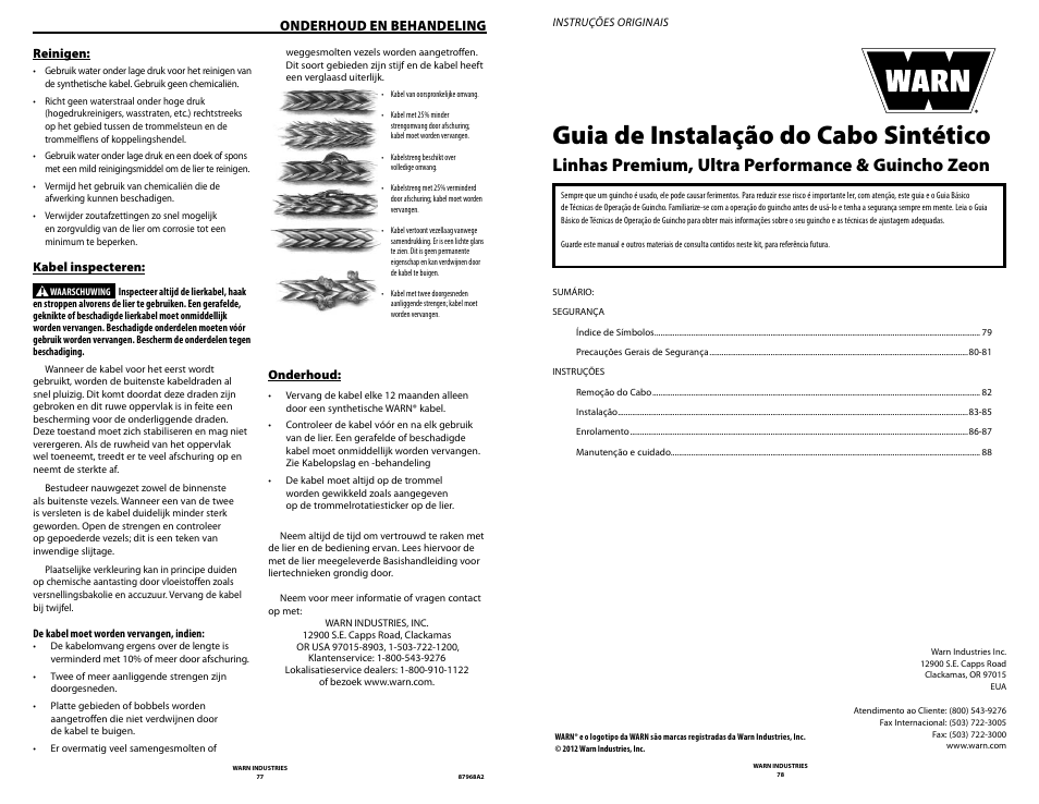 Guia de instalação do cabo sintético, Linhas premium, ultra performance & guincho zeon, Onderhoud en behandeling | WARN ZEON 8-S Synthetic Rope User Manual | Page 39 / 50