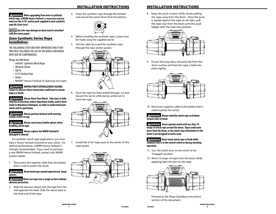 Installation instructions | WARN ZEON 8-S Synthetic Rope User Manual | Page 4 / 50