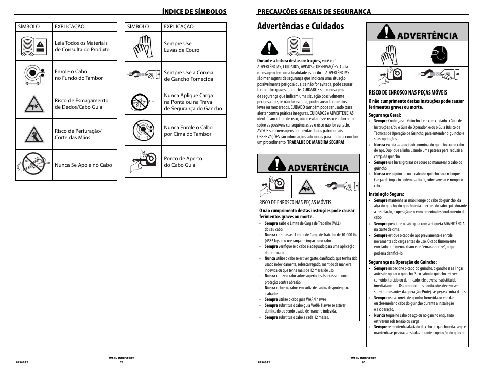 Advertências e cuidados, Advertência | WARN ZEON 8-S Synthetic Rope User Manual | Page 40 / 50