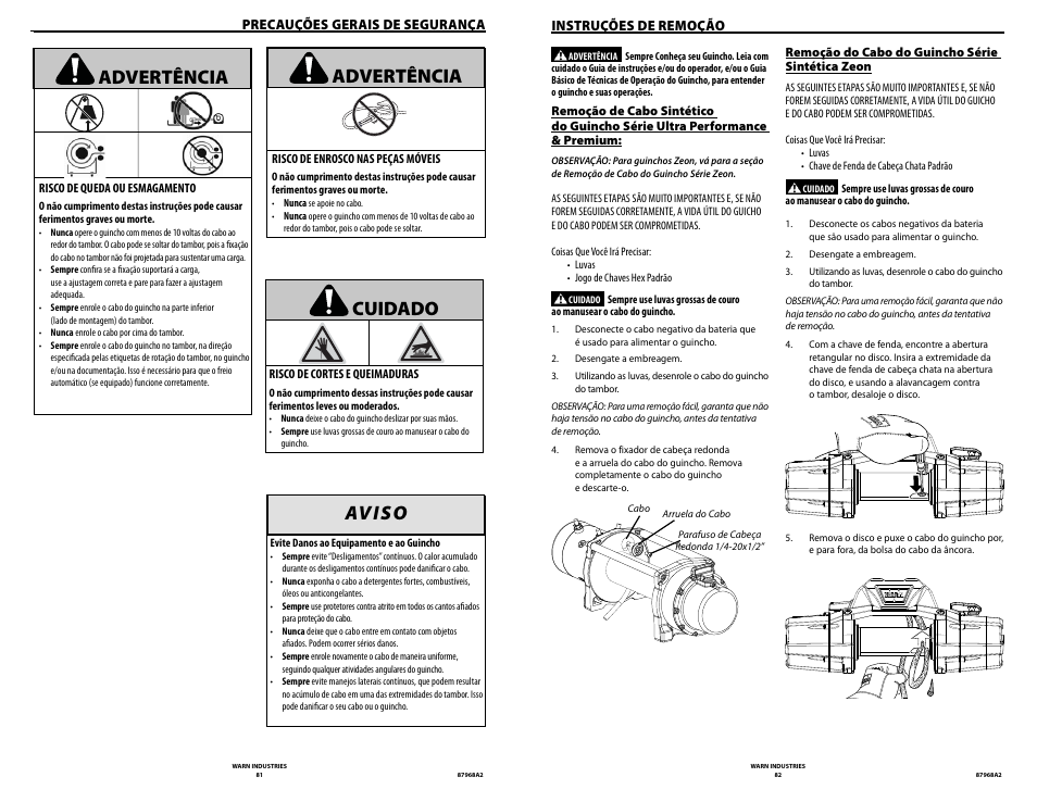 Advertência, Av i s o, Cuidado | WARN ZEON 8-S Synthetic Rope User Manual | Page 41 / 50