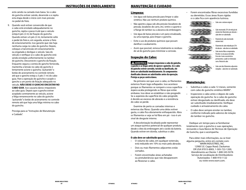 Instruçôes de enrolamento, Manutenção e cuidado | WARN ZEON 8-S Synthetic Rope User Manual | Page 44 / 50