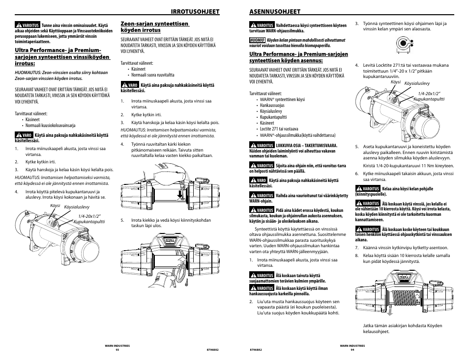 Irrotusohjeet, Asennusohjeet | WARN ZEON 8-S Synthetic Rope User Manual | Page 47 / 50