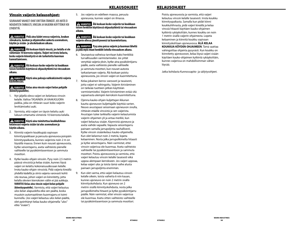 Kelausohjeet | WARN ZEON 8-S Synthetic Rope User Manual | Page 49 / 50